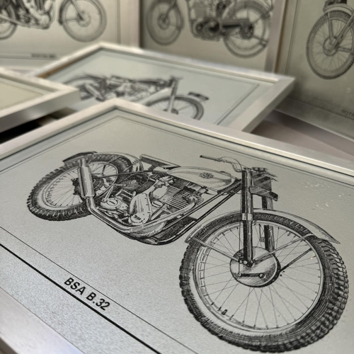 260 - A set of six studies of British motorcycles, etched on a silvered surface including Royal Enfield Bu... 