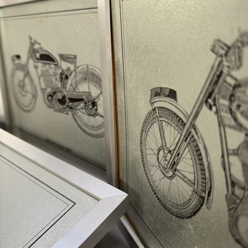 260 - A set of six studies of British motorcycles, etched on a silvered surface including Royal Enfield Bu... 