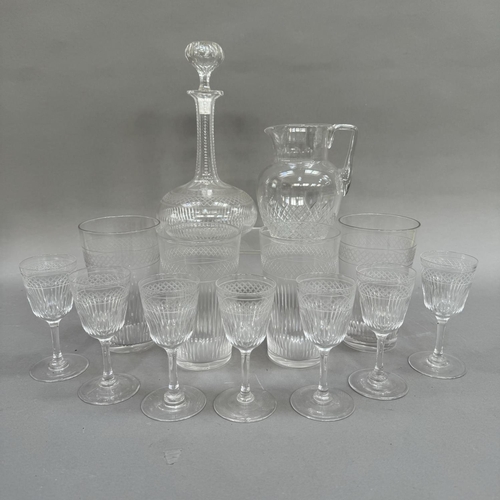 130 - A part suite of early 20th century cut and etched glass including sherry decanter and seven sherry g... 