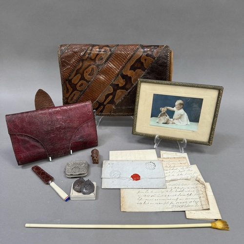 308 - A number of 18th/19th century letters and testimonials held in a red morocco wallet, together with a... 