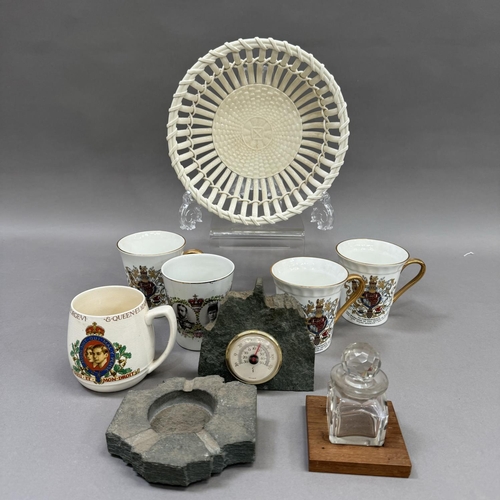 98 - A creamware basket, together with Royal commemorative items, Queen Elizabeth II and later, a glass i... 