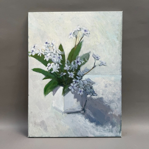 241 - Still life of flowering plant held in a hexagonal pot, oil on canvas, unsigned, 60.5cm x 45.5cm