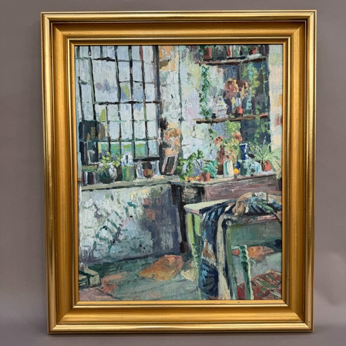 267 - J Webster (20/21st century), The Garden Room, oil on board, attribution verso, 49cm x 39.5cm