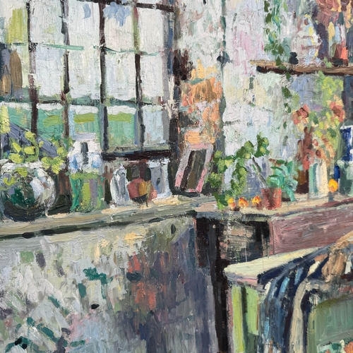 267 - J Webster (20/21st century), The Garden Room, oil on board, attribution verso, 49cm x 39.5cm