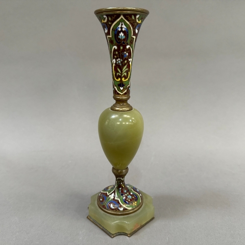 3 - A 19th century French champlevé bronze and onyx vase of baluster outline on square plinth, 16.5cm