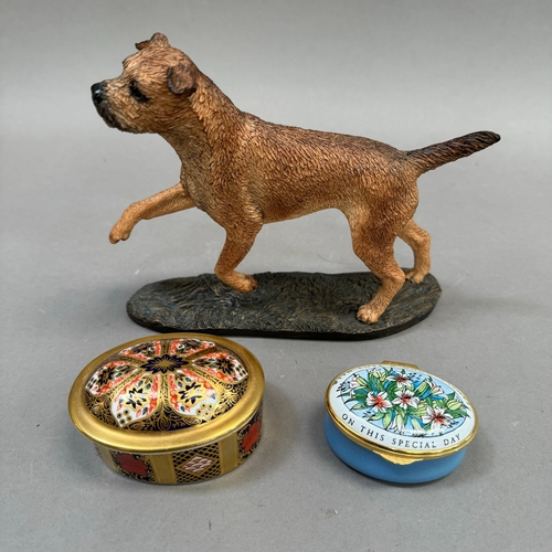 91 - A Border Fine Arts Border Terrier, 13cm high together with a Royal Crown Derby Old Imari trinket box... 