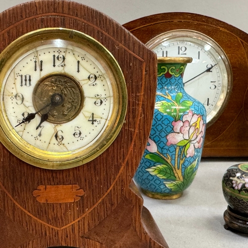 106 - Two Edwardian mantel clocks in mahogany and in oak together with a gilt metal carriage clock and a m... 