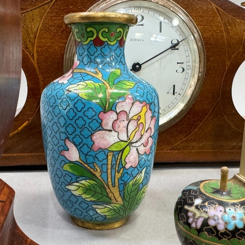 106 - Two Edwardian mantel clocks in mahogany and in oak together with a gilt metal carriage clock and a m... 