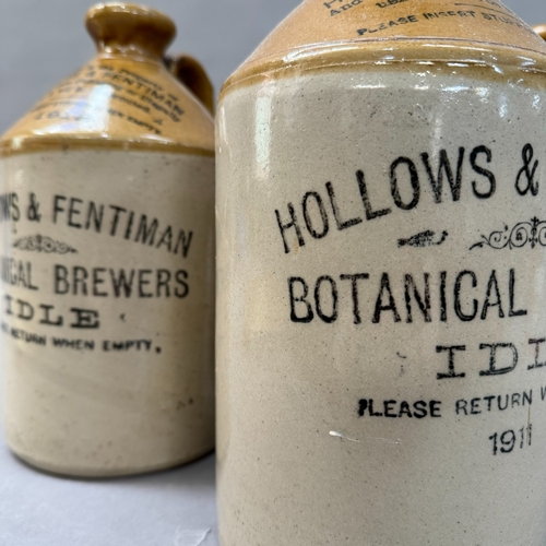 127 - Two stoneware  brown dipped stone ware flagons lettered for Hollows and Fentiman botanical brewers, ... 