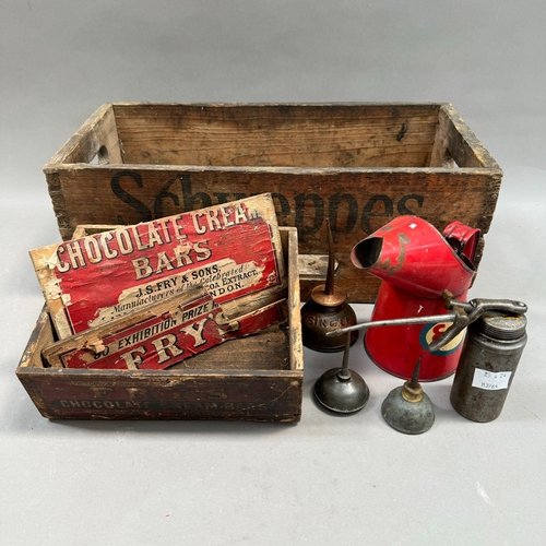 186 - A vintage Schweppes wooden crate with finger grips, a small wooden box for Frys chocolate cream bars... 