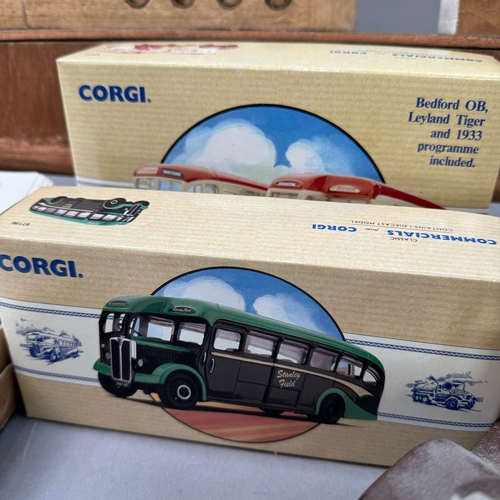 183 - A Corgi AEC Regal Stanley Field coach, a Corgi 70th anniversary premier omnibus set, Bedford OB Leyl... 