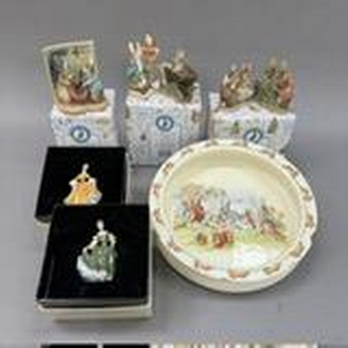 124 - A Royal Doulton Bunnykins dish, chip to the rim together with five resin Beatrix Potter figures (som... 