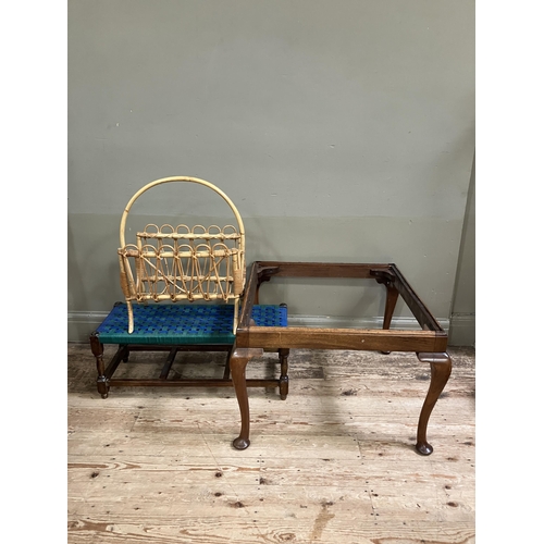 67 - A bamboo magazine rack, an oak stool with blue and green nylon seat and a large mahogany stool frame... 