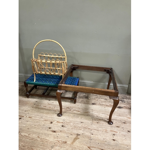 67 - A bamboo magazine rack, an oak stool with blue and green nylon seat and a large mahogany stool frame... 