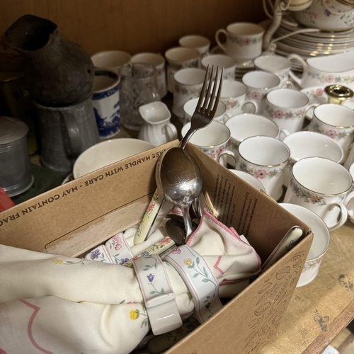 63 - Paragon china 'Belinda' dinner, tea and coffee service, blue and white ware, pewter tankards, cutler... 