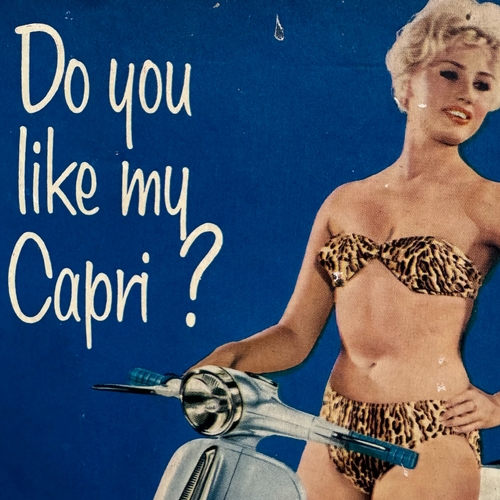 38 - A 1960s Capri scooter cardboard advertising, printed in colour with a bikini clad girl and scooter, ... 