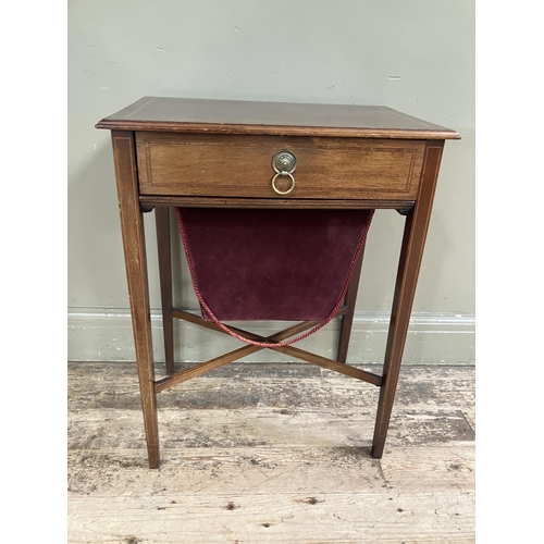 243 - An Edward VII mahogany and satinwood banded work table, rectangular, having a drawer and fabric line... 