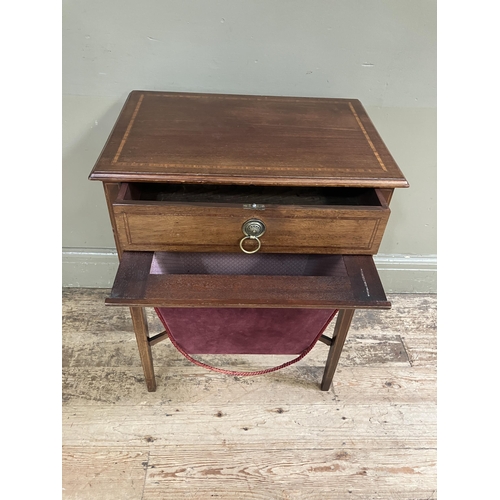 243 - An Edward VII mahogany and satinwood banded work table, rectangular, having a drawer and fabric line... 