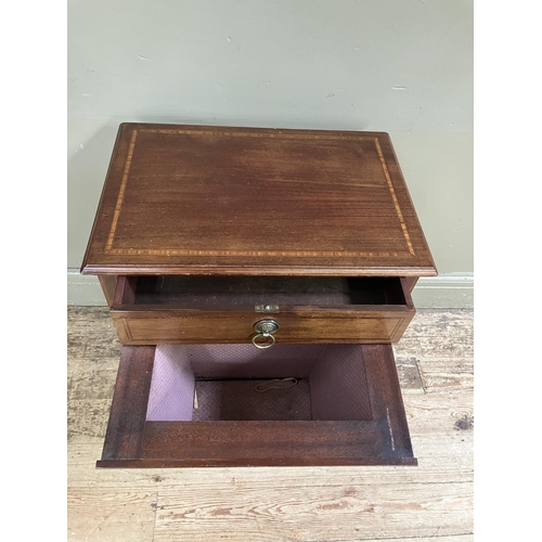 243 - An Edward VII mahogany and satinwood banded work table, rectangular, having a drawer and fabric line... 