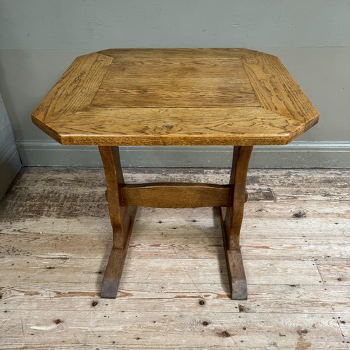 290 - A small oak refectory table on shaped standards joined by a stretcher, 70cm x 64cm x 70cm