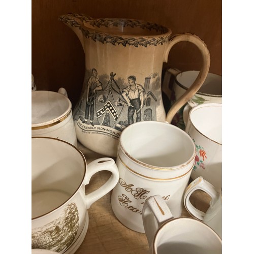 55 - A 19th century pottery jug transfer printed with the Friendly Iron Moulders Society, figures and sym... 