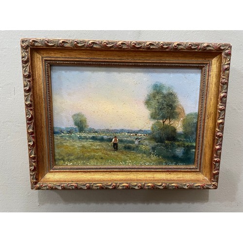 166 - Geoffrey Flatt, evening sky at Shotford, figures in a river landscape, oil on board, signed and date... 