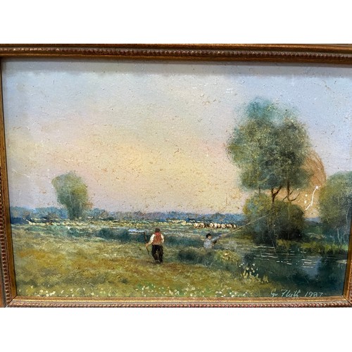 166 - Geoffrey Flatt, evening sky at Shotford, figures in a river landscape, oil on board, signed and date... 