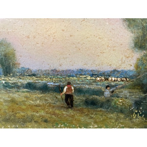 166 - Geoffrey Flatt, evening sky at Shotford, figures in a river landscape, oil on board, signed and date... 