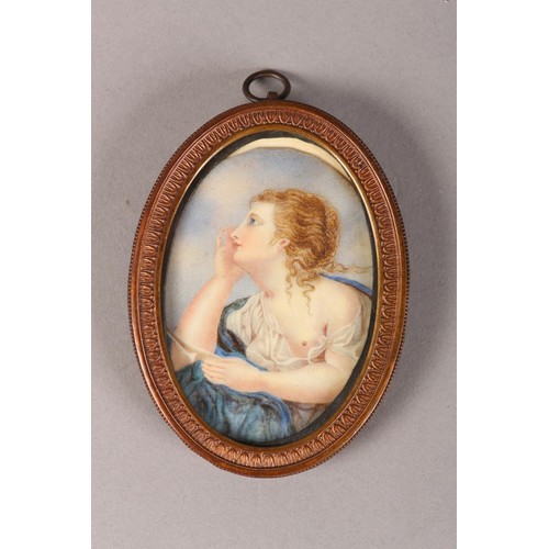 299 - A MID 18TH CENTURY PORTRAIT MINIATURE OF A RED HAIRED BEAUTY, in profile, wearing a white gown, expo... 