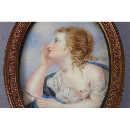 299 - A MID 18TH CENTURY PORTRAIT MINIATURE OF A RED HAIRED BEAUTY, in profile, wearing a white gown, expo... 