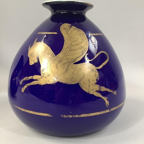 217 - A CONTINENTAL COBALT BLUE AND GILT VASE, the baluster body etched and gilt with a band of entwined r... 