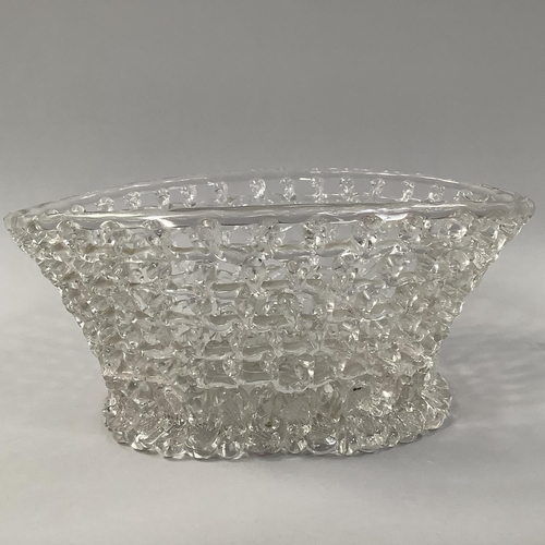 219 - AN 18TH CENTURY 'LIEGE A TRAFORATO' OPENWORK GLASS BASKET, oval, on splayed foot, pontil mark, 22.5c... 