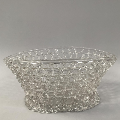 219 - AN 18TH CENTURY 'LIEGE A TRAFORATO' OPENWORK GLASS BASKET, oval, on splayed foot, pontil mark, 22.5c... 