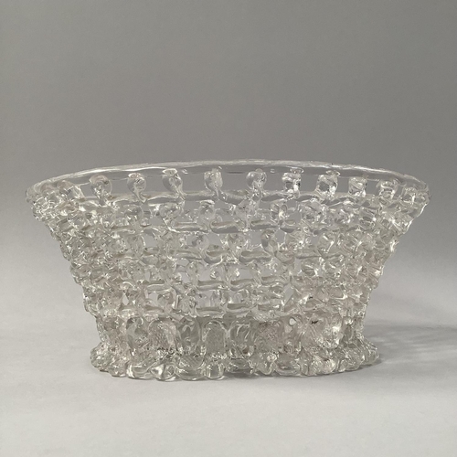 219 - AN 18TH CENTURY 'LIEGE A TRAFORATO' OPENWORK GLASS BASKET, oval, on splayed foot, pontil mark, 22.5c... 