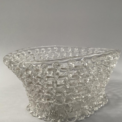 219 - AN 18TH CENTURY 'LIEGE A TRAFORATO' OPENWORK GLASS BASKET, oval, on splayed foot, pontil mark, 22.5c... 