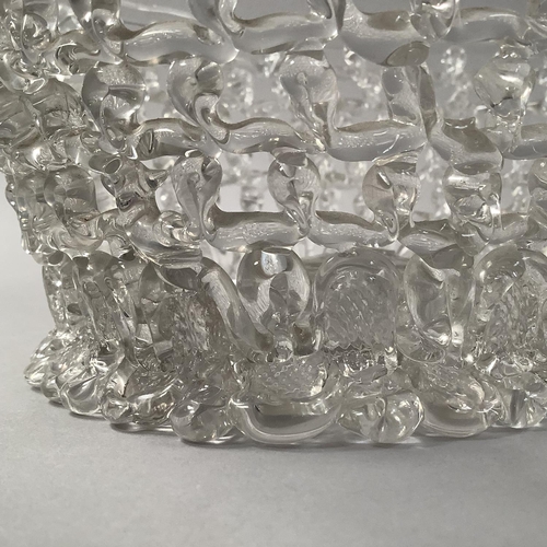 219 - AN 18TH CENTURY 'LIEGE A TRAFORATO' OPENWORK GLASS BASKET, oval, on splayed foot, pontil mark, 22.5c... 