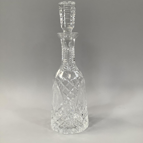 220 - A WATERFORD CUT GLASS DECANTER AND STOPPER OF MALLET-SHAPE, mark to underside, 33cm high