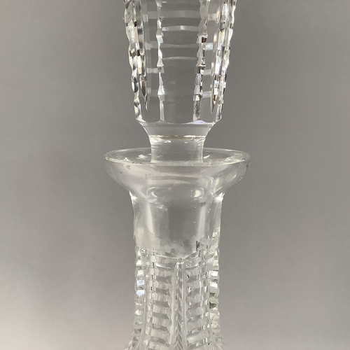 220 - A WATERFORD CUT GLASS DECANTER AND STOPPER OF MALLET-SHAPE, mark to underside, 33cm high