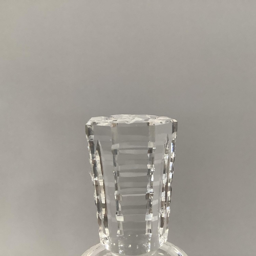 220 - A WATERFORD CUT GLASS DECANTER AND STOPPER OF MALLET-SHAPE, mark to underside, 33cm high