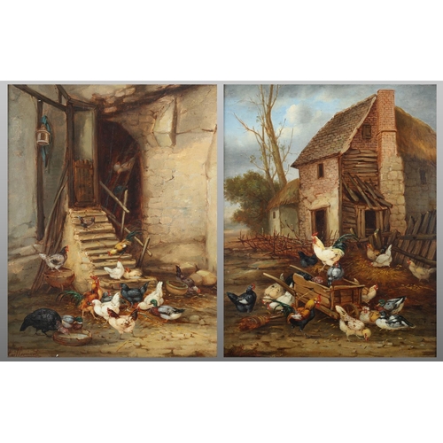 417 - CLAUDE GUILLEMINET (French 1821-1866)
Cockerels, hens and ducks in the corner of a barn and in the f... 