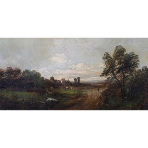 418 - WILLIAM MCEVOY (1858-1880) Traveller on a country road with cows grazing and village beyond, oil on ... 