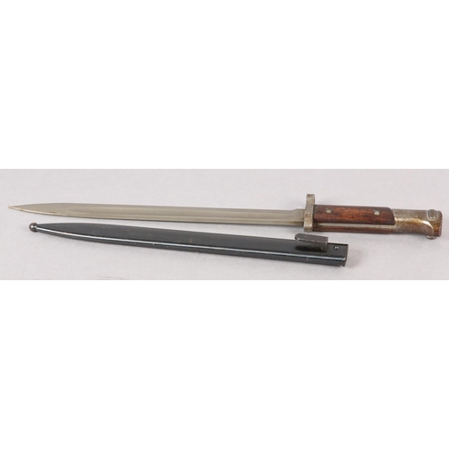 165 - A CZECH BAYONET single edged 30cm, fullered frosted steel blade cross guard with muzzle ring, wood s... 