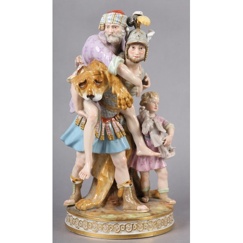 276 - A LATE 19TH CENTURY MEISSEN GROUP OF AENEAS FLEEING TROY, carrying his father Anchises on his back a... 