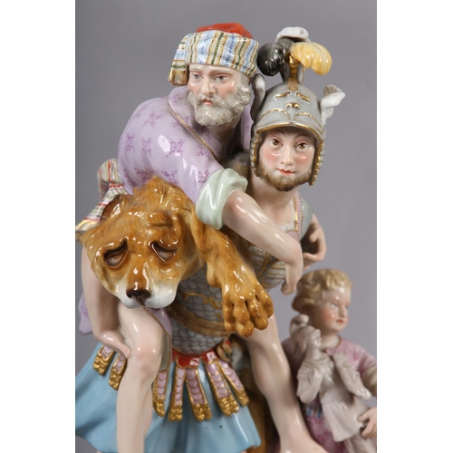 276 - A LATE 19TH CENTURY MEISSEN GROUP OF AENEAS FLEEING TROY, carrying his father Anchises on his back a... 