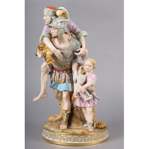 276 - A LATE 19TH CENTURY MEISSEN GROUP OF AENEAS FLEEING TROY, carrying his father Anchises on his back a... 