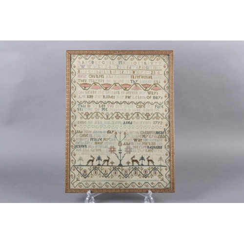 180 - AN 18TH CENTURY NEEDLEWORK SAMPLER, dated 1792 in three places, alpha-numeric with the addition of s... 