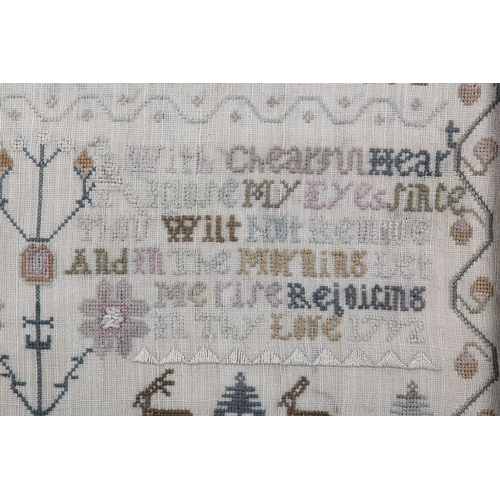 180 - AN 18TH CENTURY NEEDLEWORK SAMPLER, dated 1792 in three places, alpha-numeric with the addition of s... 