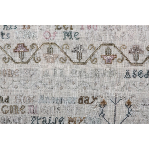 180 - AN 18TH CENTURY NEEDLEWORK SAMPLER, dated 1792 in three places, alpha-numeric with the addition of s... 