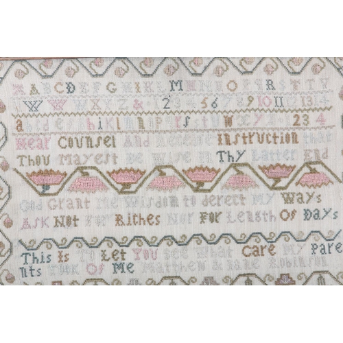 180 - AN 18TH CENTURY NEEDLEWORK SAMPLER, dated 1792 in three places, alpha-numeric with the addition of s... 