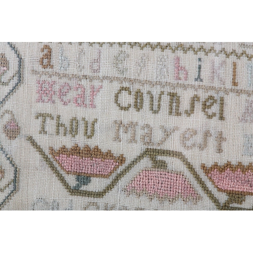 180 - AN 18TH CENTURY NEEDLEWORK SAMPLER, dated 1792 in three places, alpha-numeric with the addition of s... 